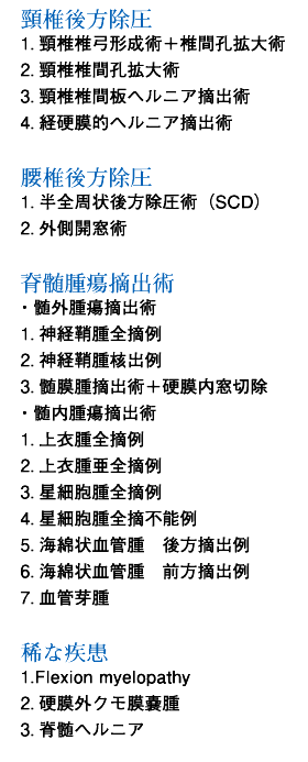 頸椎後方除圧
1.頸椎椎弓形成術＋椎間孔拡大術
2.頸椎椎間孔拡大術
3.頸椎椎間板ヘルニア摘出術
4.経硬膜的ヘルニア摘出術

腰椎後方除圧
1.半全周状後方除圧術（SCD）
2.外側開窓術

脊髄腫瘍摘出術
・髄外腫瘍摘出術
1.神経鞘腫全摘例
2.神経鞘腫核出例
3.髄膜腫摘出術＋硬膜内窓切除
・髄内腫瘍摘出術
1.上衣腫全摘例
2.上衣腫亜全摘例
3.星細胞腫全摘例
4.星細胞腫全摘不能例
5.海綿状血管腫　後方摘出例
6.海綿状血管腫　前方摘出例
7.血管芽腫

稀な疾患
1.Flexion myelopathy
2.硬膜外クモ膜嚢腫
3.脊髄ヘルニア
